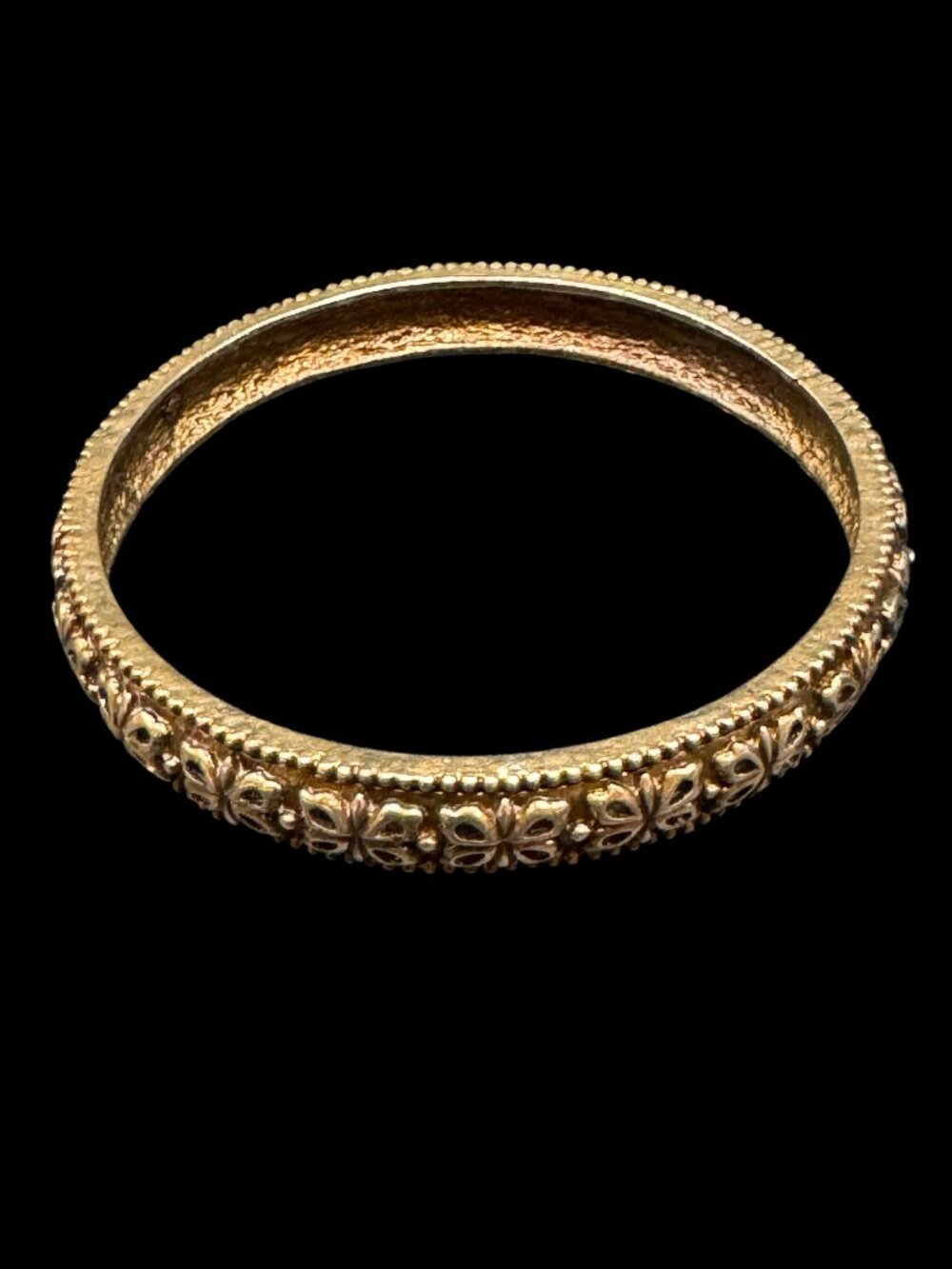Vintage Old Gold Tone Bangle Bracelet Relief Floral Butterfly